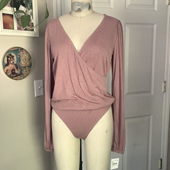 NORDSTROM Pink Mock Wrap Wide Poet sleeve Stretch Bodysuit Blouse Shirt *SMALL* - Picture 1 of 5